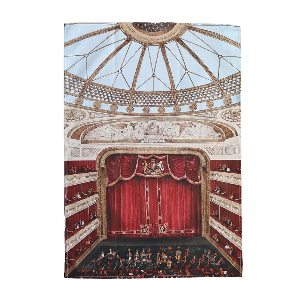 An illustration of a night at the opera featuring the Royal Ballet and Opera auditorium, stage and orchestra on a cotton tea towel