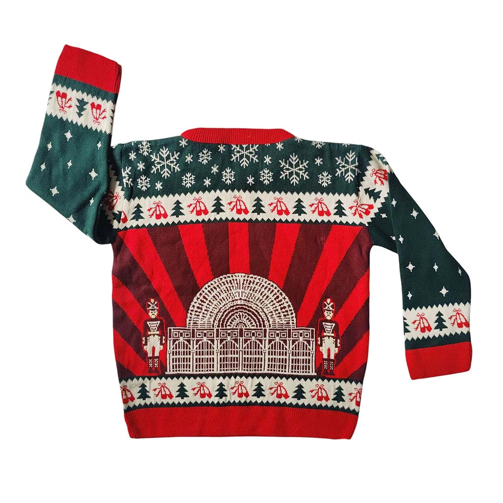 Back view of our Christmas-themed jumper with red, green, and white patterns on a white background
