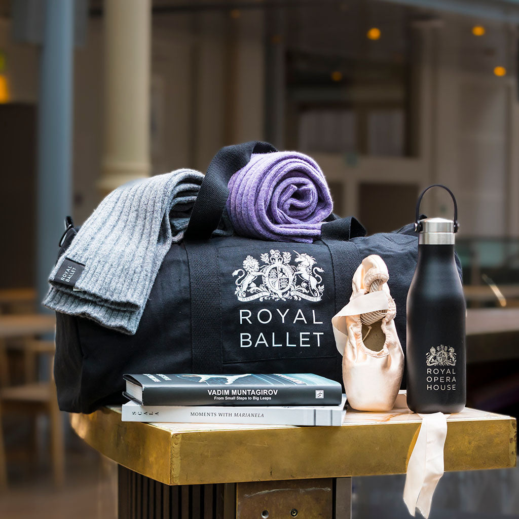 Grey and Purple Leg Warmers with Royal Ballet Training Bag