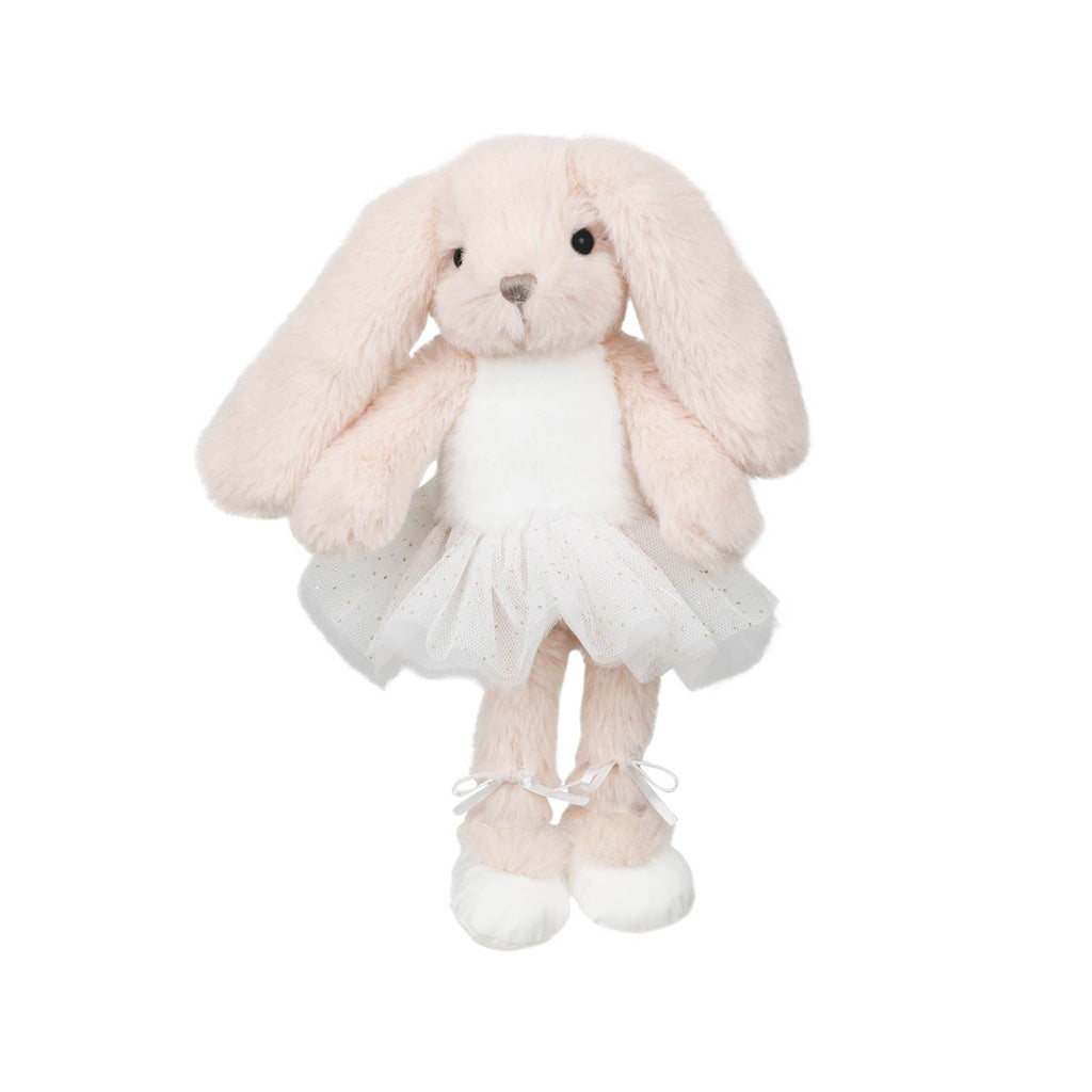 A plush bunny doll with long floppy ears, dressed in a white tutu skirt and white shoes, centered on a plain white background.