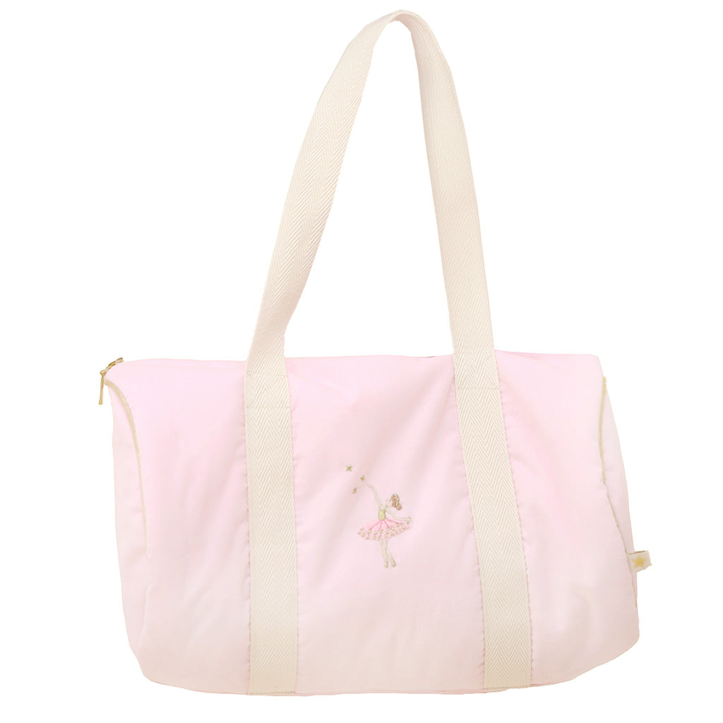 Pink ballerina duffel bag with cream handles on a white background