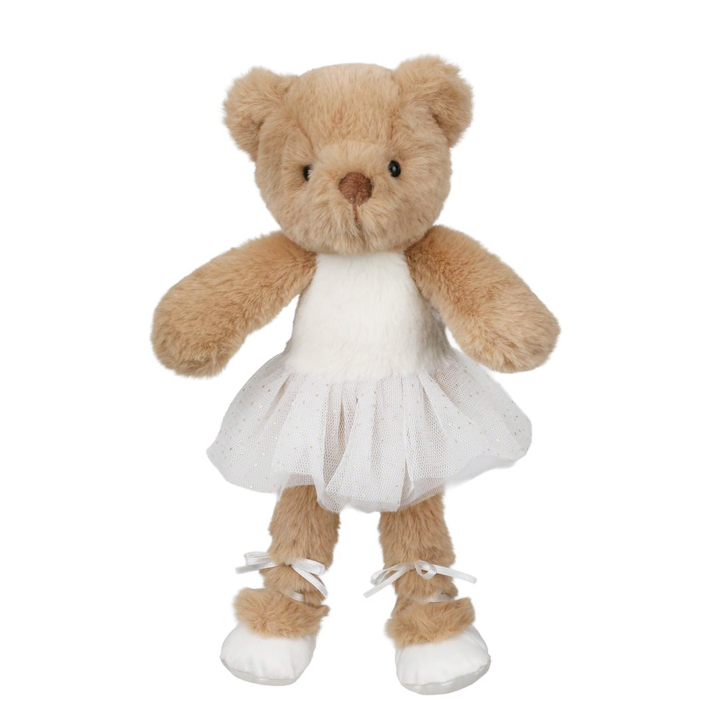 Plush teddy bear in a white tutu dress on a white background