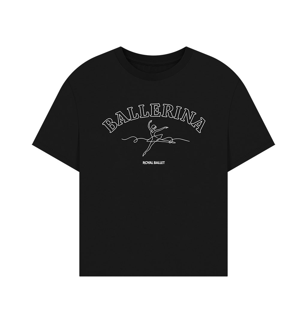 black oversized t-shirt with white text BALLERINA ROYAL BALLET with dancer illustration on a white background