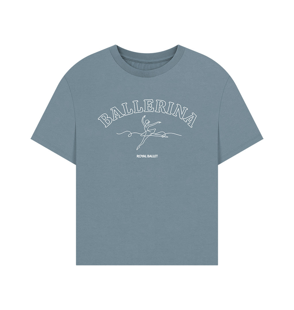 blue oversized t-shirt with white text BALLERINA ROYAL BALLET with dancer illustration on a white background