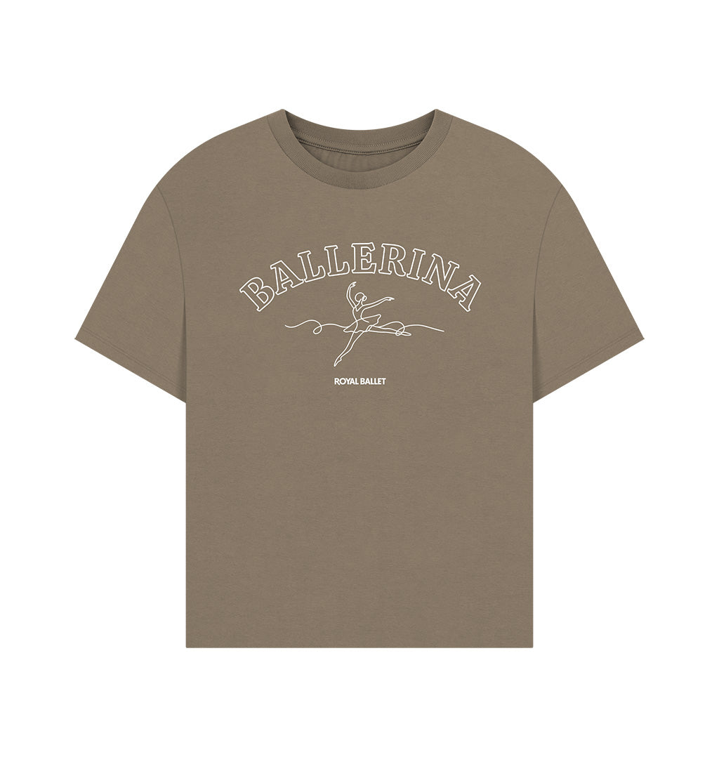 Willow brown oversized t-shirt with white text BALLERINA ROYAL BALLET with dancer illustration on a white background