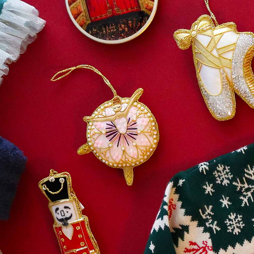 Decorative Christmas ornaments on a red background