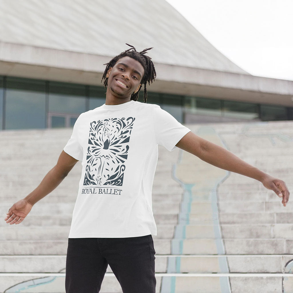 white ballerina tshirt on male model outside with cement backdrop