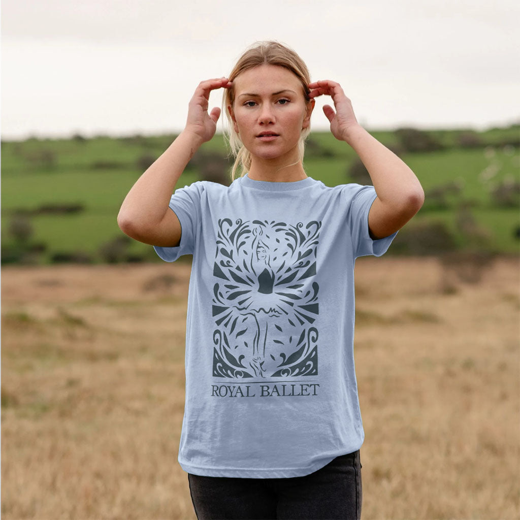 Sky Blue Ballerina T-shirt on model in countryside