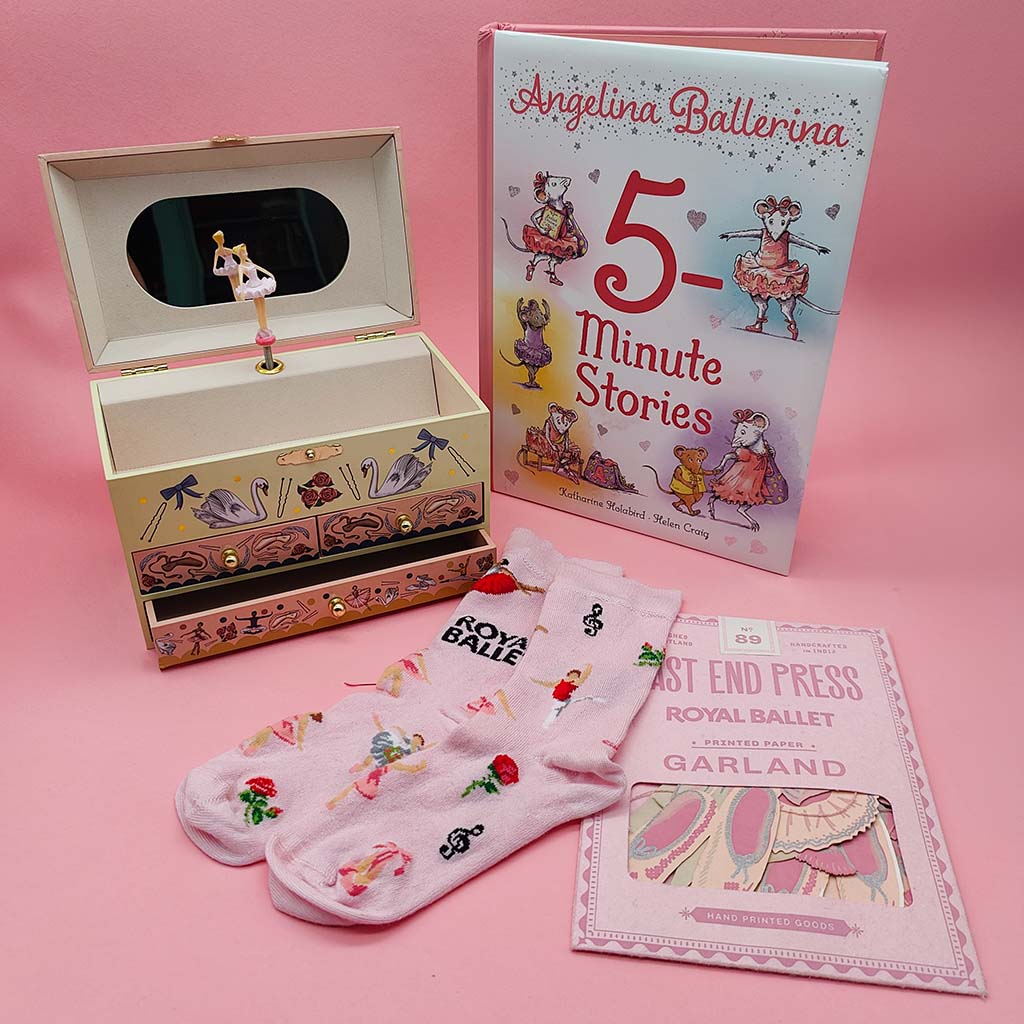 Decorative ballet themed jewellery box with Angelina Ballerina Book, pink  Royal Ballet socks and a East End Press Roya Ballet Garland on a pink background