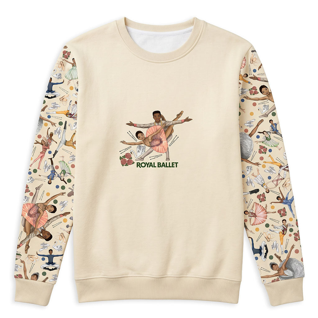 A cream-coloured crewneck pj top featuring a central graphic of ballerinas with the text 'ROYAL BALLET' and all-over sleeve prints depicting various ballet poses and figures.