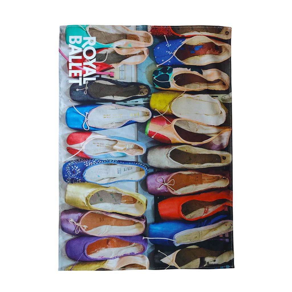 colourful ballet shoes tea towel on a white background

