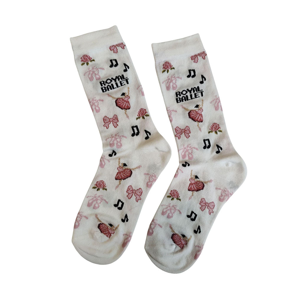 White socks with ballet-themed designs on a white background