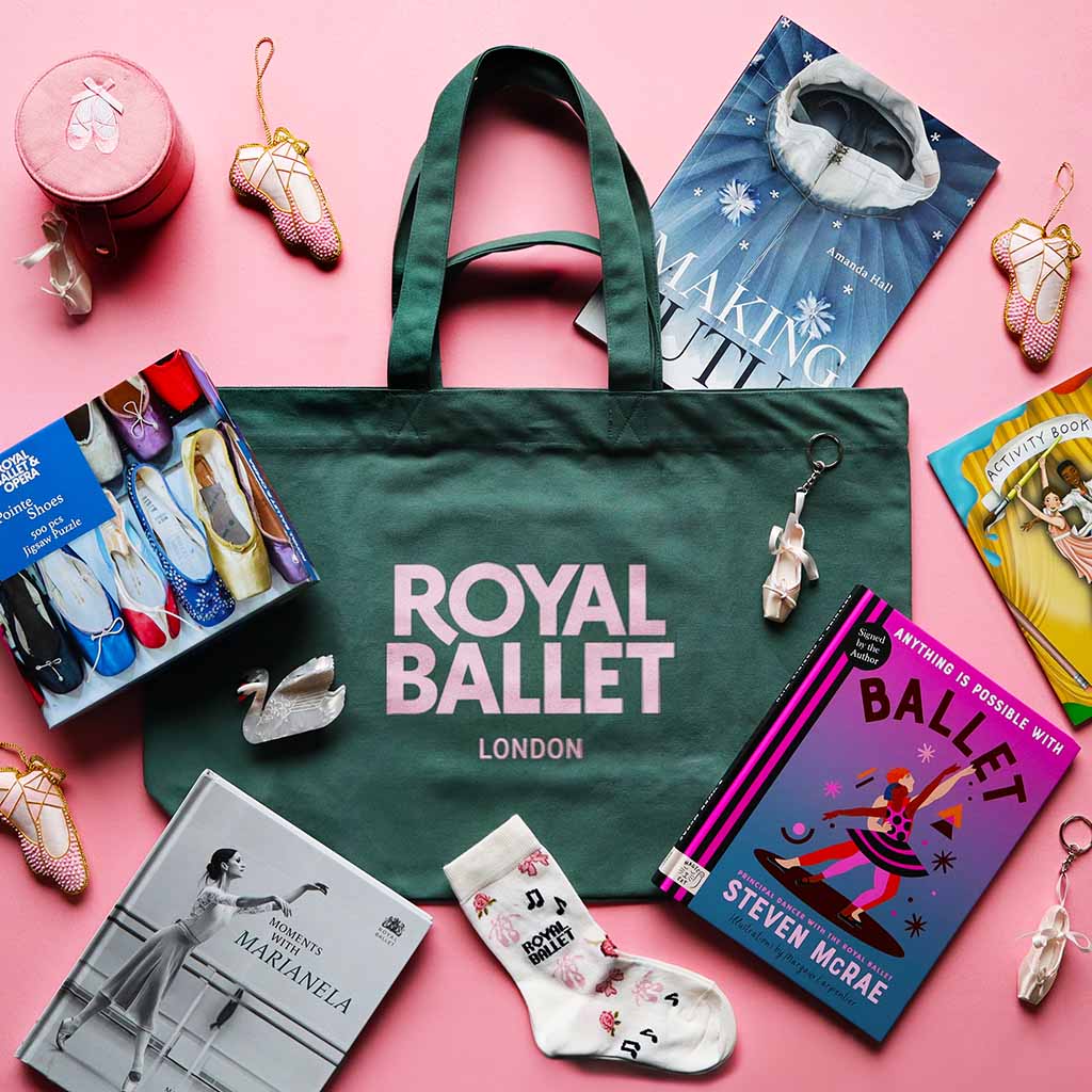 royal ballet shopper with ballet books, ballet shoe keyrings, ballet shoe decorations, jewellery box, socks and pointe shoe jigsaw