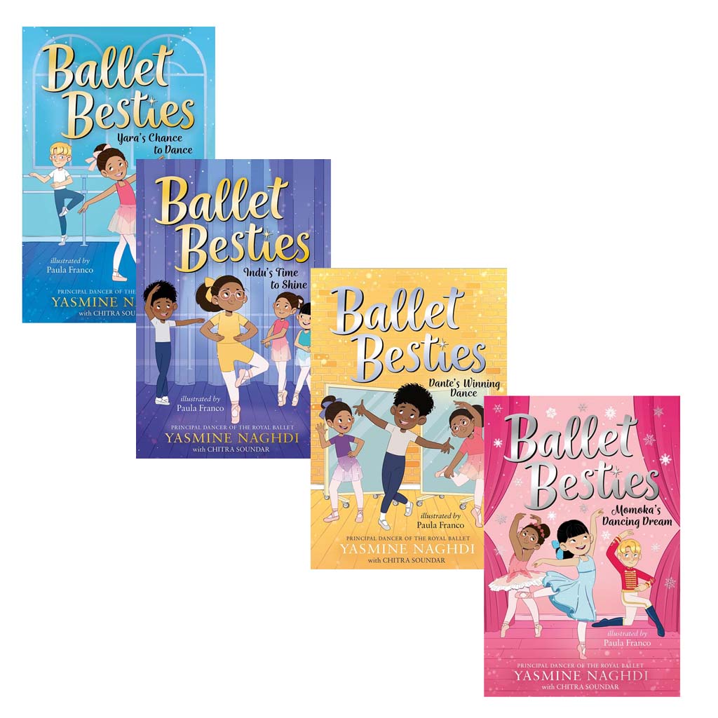four colourful books with ballet illustrations for children from the Ballet Besties Series on a white background