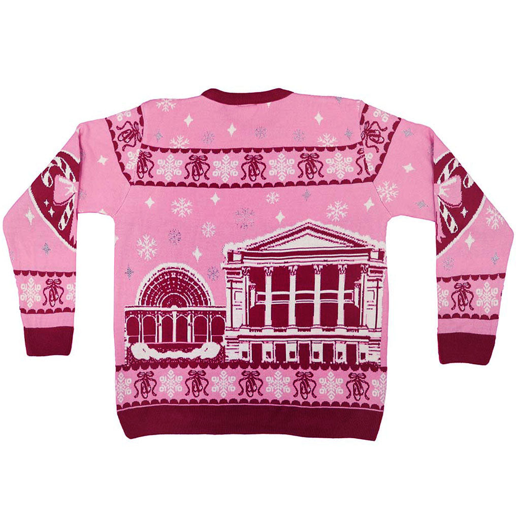 Back view of pink Barbie Christmas Jumper with a festive Royal Opera House, featuring snowflakes, ballet shoes and snow scene.