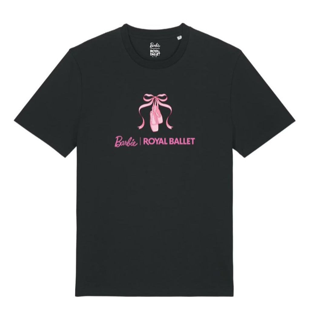 A black short-sleeve crewneck t-shirt featuring a pink ballet pointe graphic and the text 'Barbie ROYAL BALLET' printed on the chest, displayed against a solid white background.