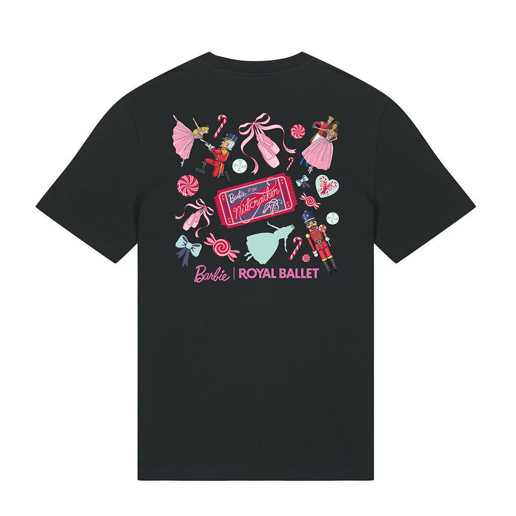 Back view of the Barbie Royal Ballet Black T-shirt featuring illustration inspired by the Nutcracker on a white background