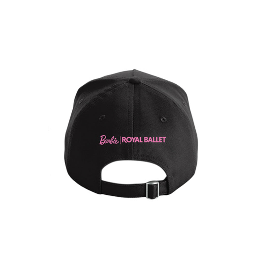 back view of a black baseball cap with pink text Barbie Royal Ballet on a white background