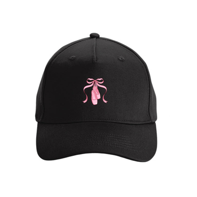 A black baseball cap with a pink embroidered ballet pointe graphic on the front, shown against a plain white background.