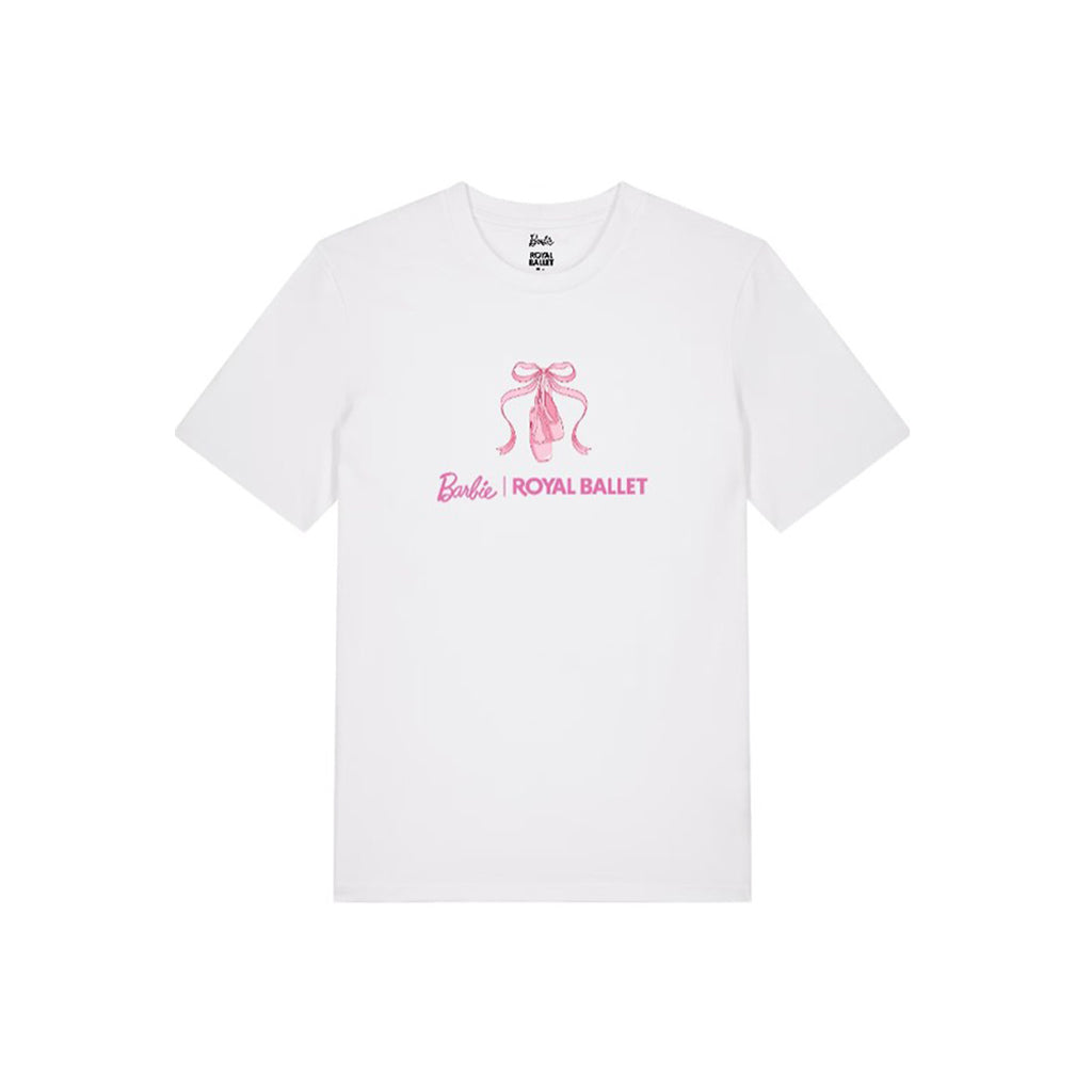 A white short-sleeve crewneck t-shirt featuring a pink graphic of a ballet pointe with a bow and the text 'Barbie ROYAL BALLET' printed on the chest.