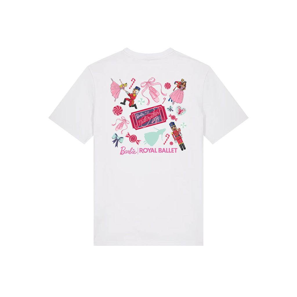 A white short-sleeve t-shirt with a colourful graphic print on the back featuring Barbie and Royal Ballet elements, shown against a plain white background.