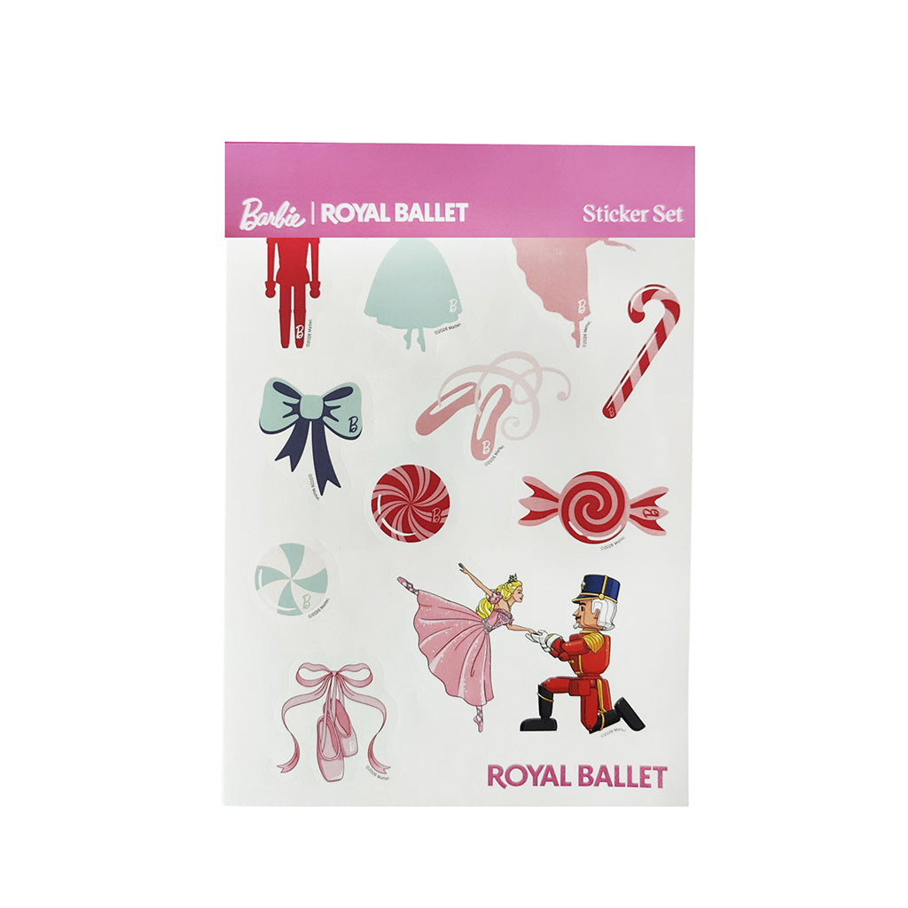 A Barbie Royal Ballet Sticker Set featuring various ballet-themed stickers including a ballerina, nutcracker, candy canes, bows, and tutus on a white backing card with a pink header.
