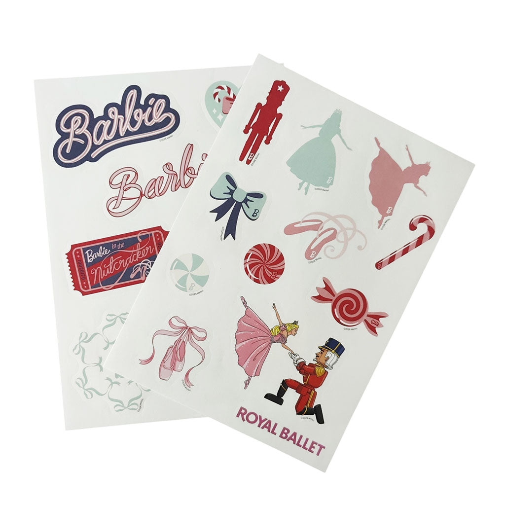 Two sheets of Barbie-themed stickers  on a white background, featuring the Barbie logo, ballet and candy motifs, and 'Royal Ballet' text.