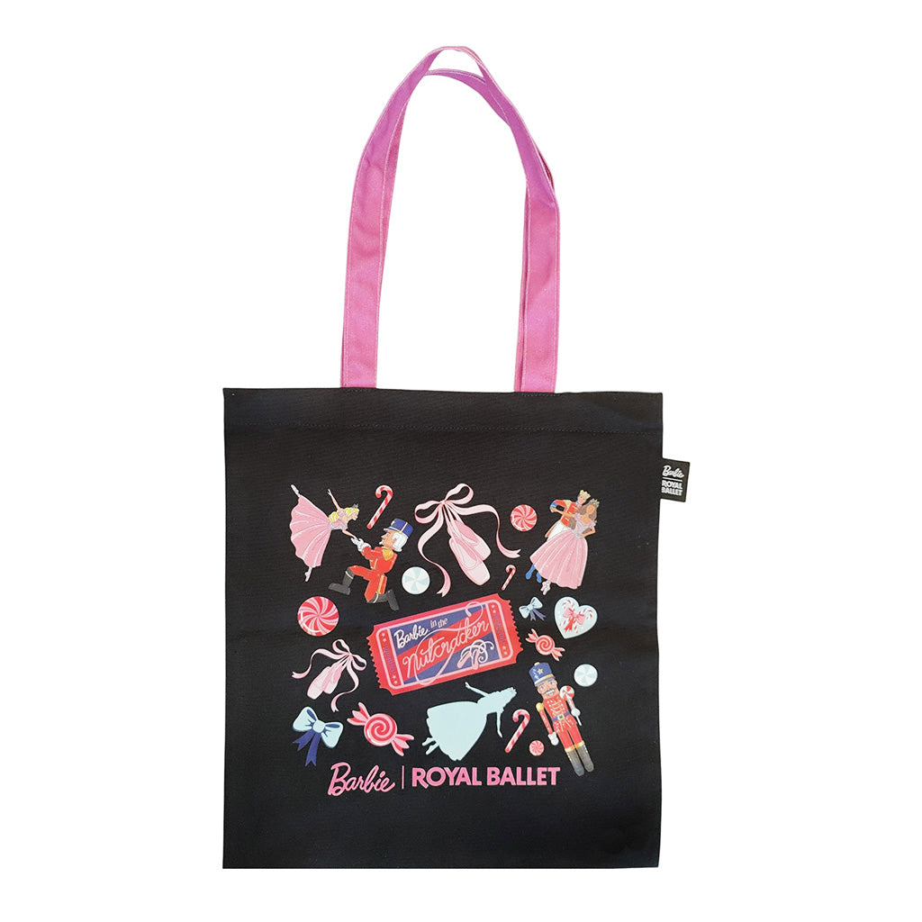 black tote with pink handles with a Barbie Nutcracker illustration and pink text Barbie Royal Ballet on a white background