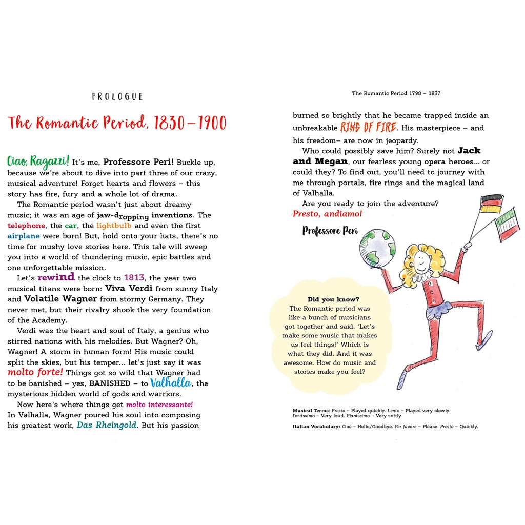 Inside the Barmy composers book text 'PROLOGUE The Romantic Period, 1830–1900' with two columns of text, an illustration of a person holding a globe and flags, and several coloured callout boxes highlighting topics such as Professore Peri, Verdi, Wagner, and Das Rheingold.