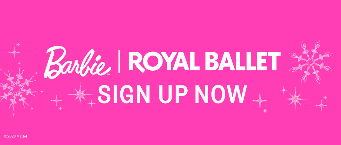 A bright pink promotional graphic with white text reading 'Barbie | ROYAL BALLET SIGN UP NOW' and white snowflake/starburst decorations.
