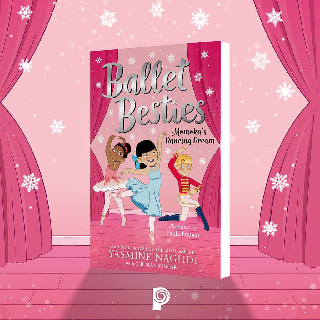 Momoka's Dancing Dream Ballet Bestie pink book cover on a pink stage