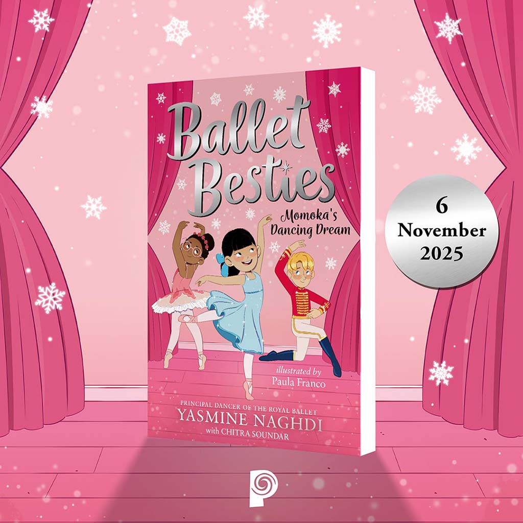 Book cover of 'Ballet Besties' with three cartoon dancers against a pink curtain background.