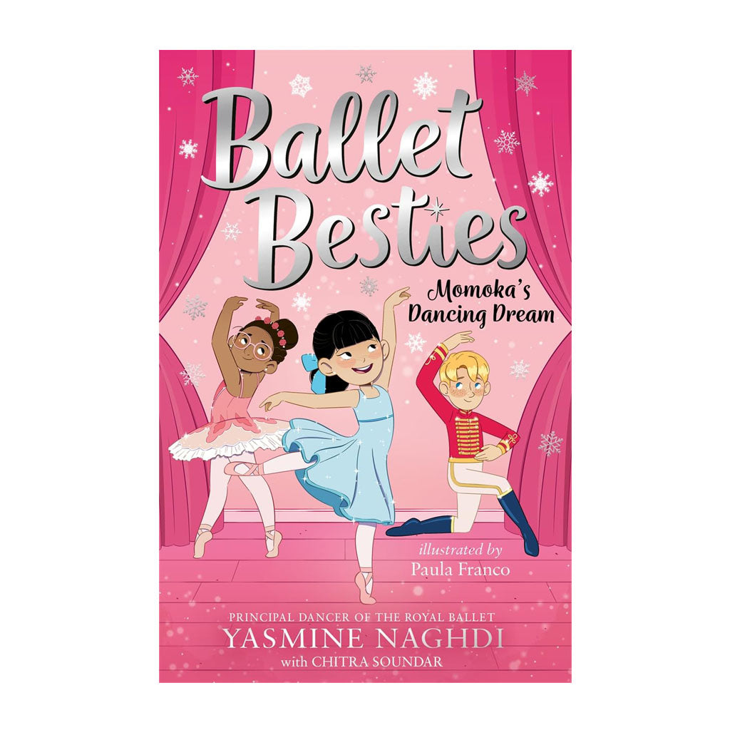 Book cover of &#39;Ballet Besties: Momoka&#39;s Dancing Dream&#39; with three children dancing in front of pink curtains.
