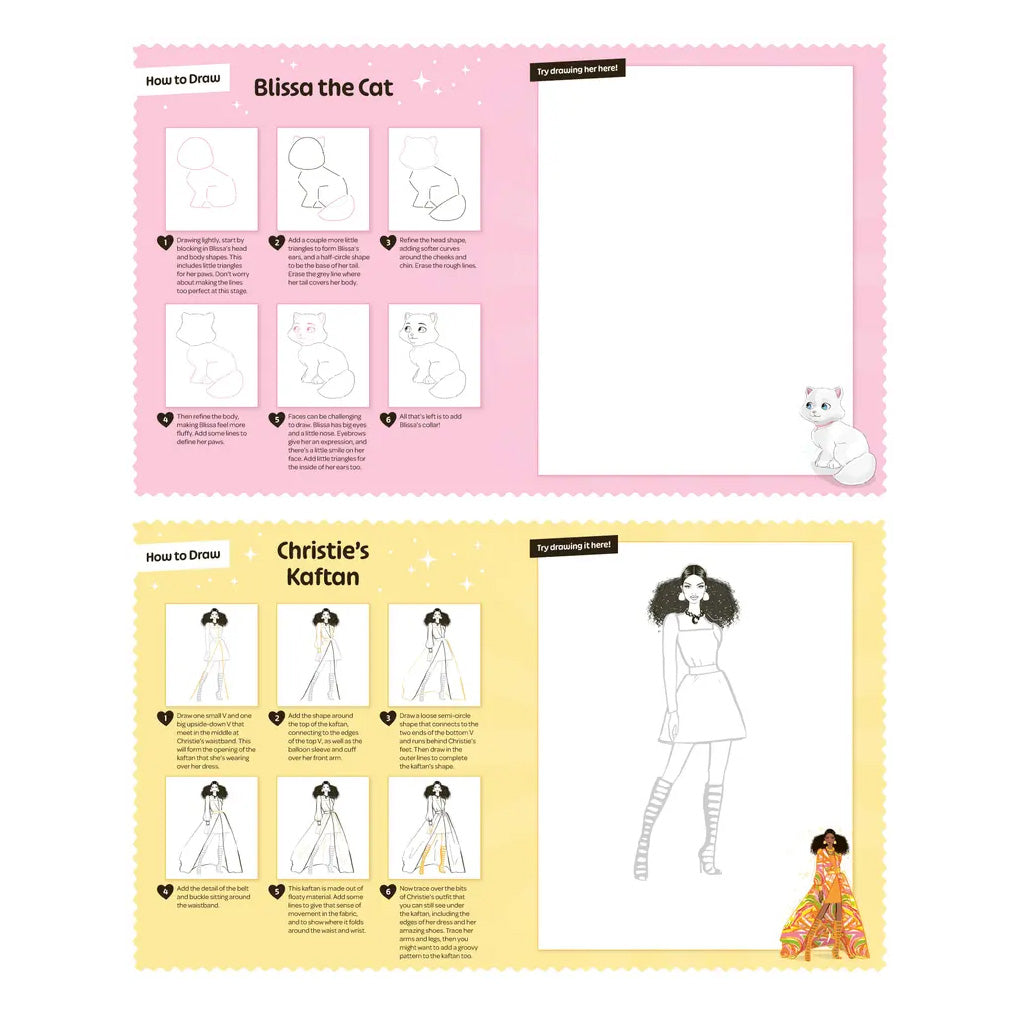 Front cover for the childens book Barbie How to Draw with fashion illustrations by Megan Hess, featuring Barbie with a drawing book and pink pencil on a white background