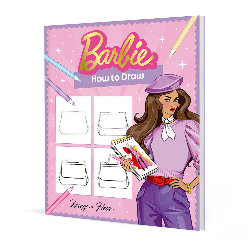 Front cover for the childens book Barbie How to Draw with fashion illustrations by Megan Hess, featuring Barbie with a drawing book and pink pencil on a white background