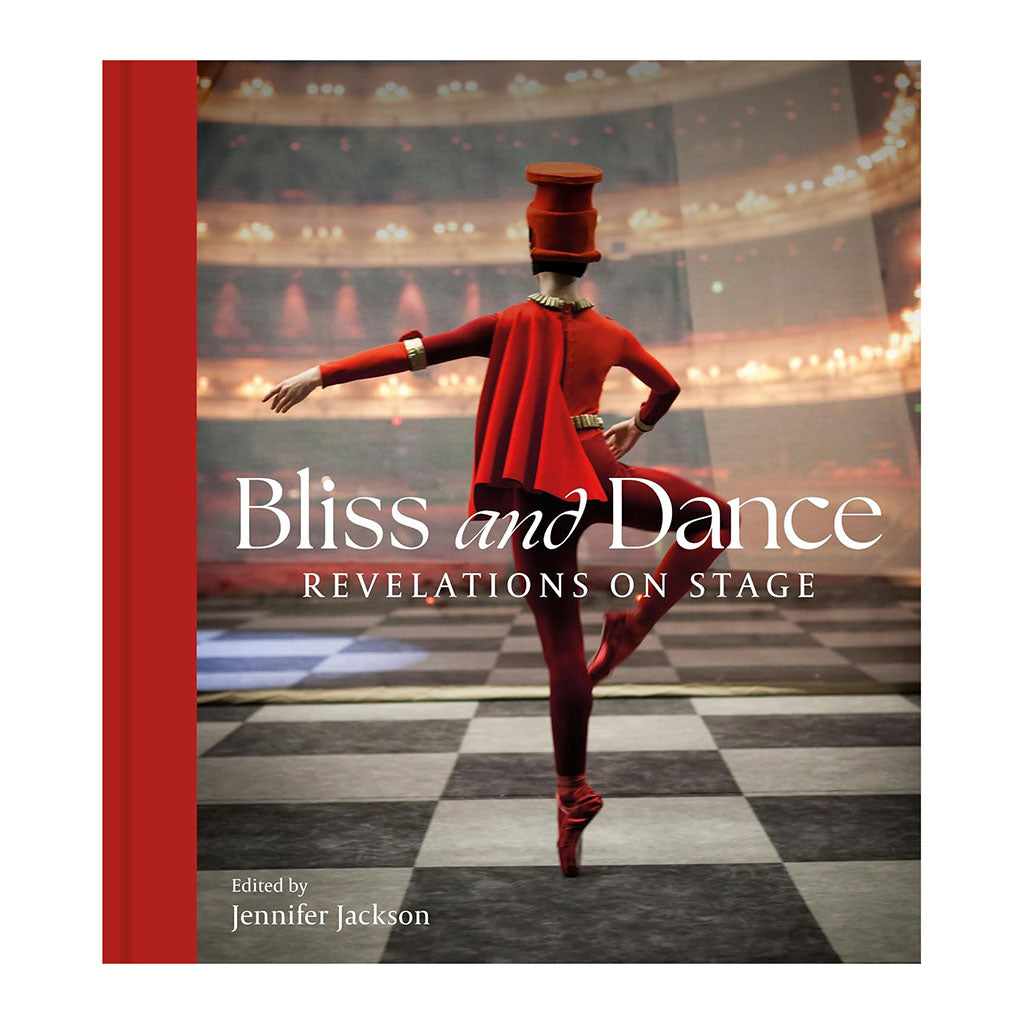 Ballet book with dancer on stage and text Bliss and Dance Revelations on Stage with a red spine on a white background