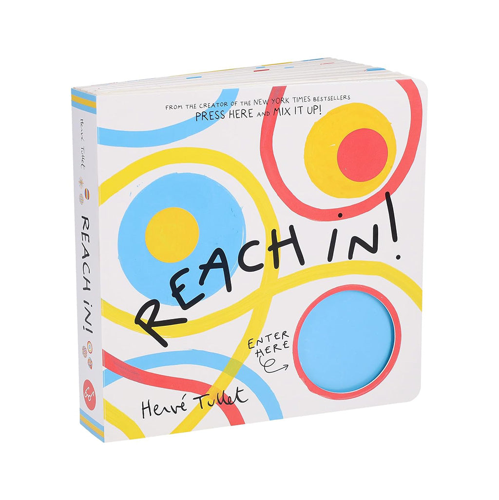 Book cover of 'Reach In!' by Herve Tullet with colourful abstract design on a white background.