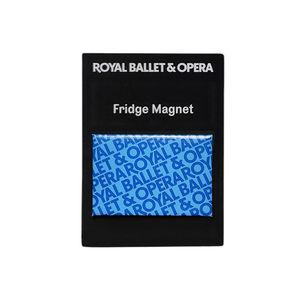 Blue fridge magnet on black card with &#39;Royal Ballet &amp; Opera&#39; text on a white background