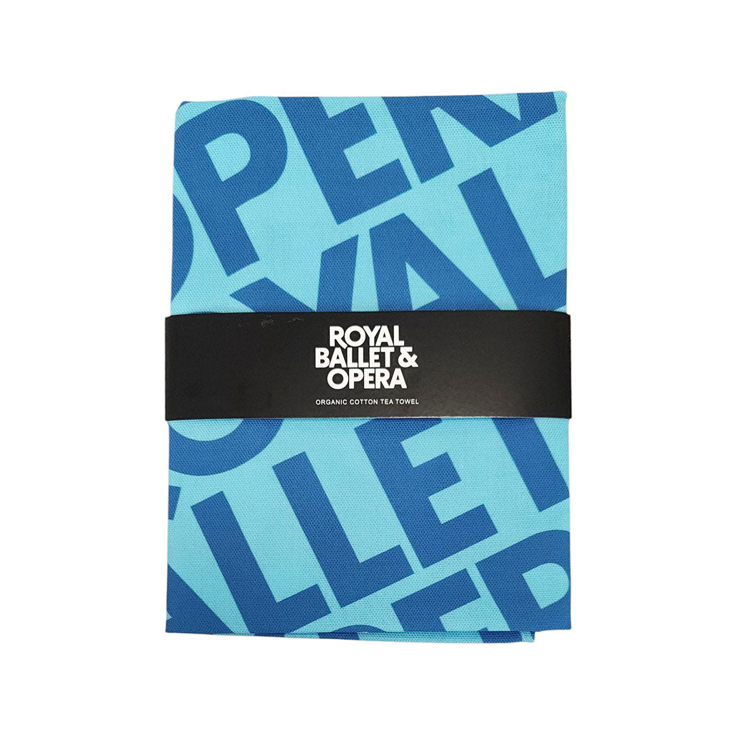 Blue RBO tea towel with &#39;Royal Ballet &amp; Opera&#39; branding on a white background