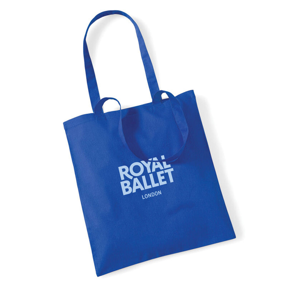 Blue tote bag with &#39;Royal Ballet London&#39; text on a white background