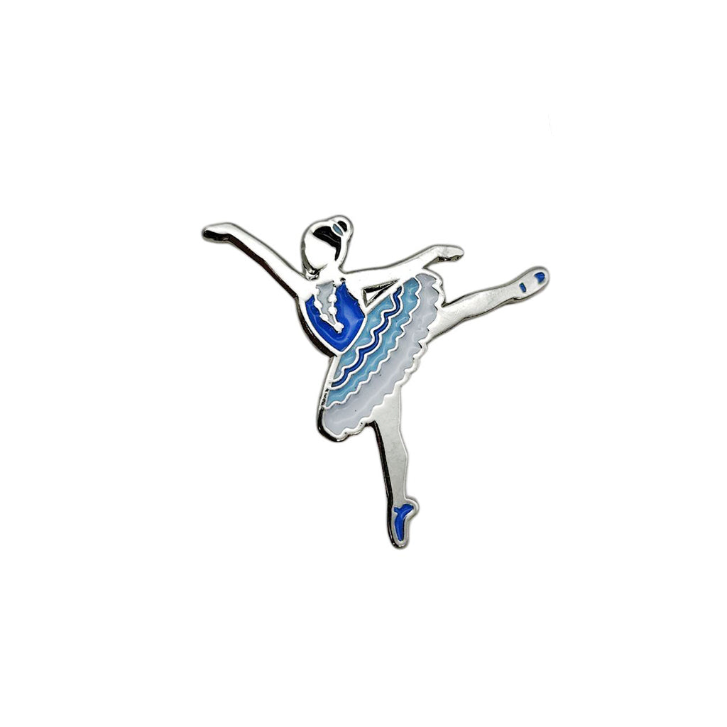 Silver ballerina charm with blue and white design on a white background