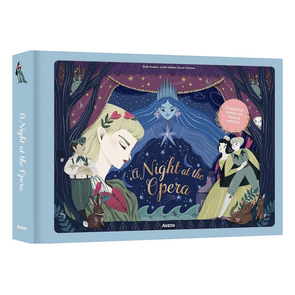 A children's book titled "A Night at the Opera," shown at a slight angle on a white background. The front features an illustrated opera scene with a blue night sky, stars, curtains, and characters in colourful costumes.