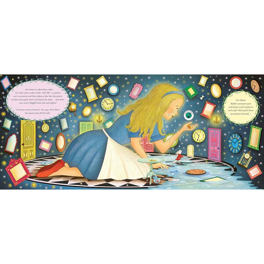 Inside The Story Orchestra Alice's Adventures in Wonderland with an illustration of Alice surrounded by  clocks and doors