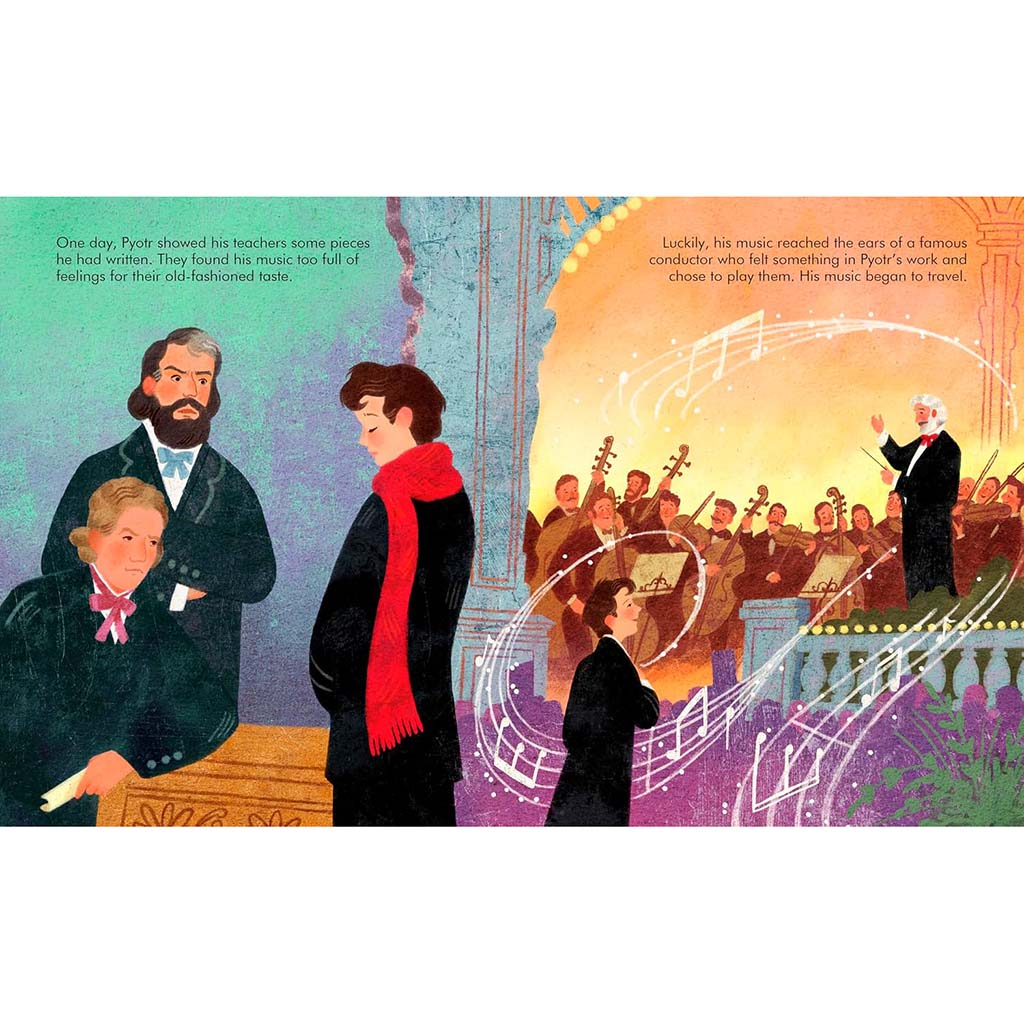 Children's book cover titled "Little People, BIG DREAMS™ TCHAIKOVSKY" showing an illustrated young boy in a black tuxedo with musical notes and a nutcracker doll on a dark green background.