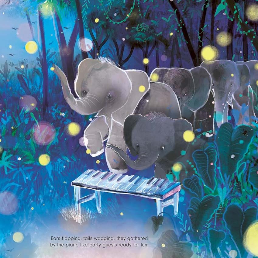 Illustration of elephants gathered around a piano in a magical forest.