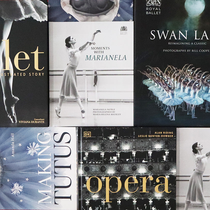 Collage of books related to ballet and opera with images of dancers and stage settings.