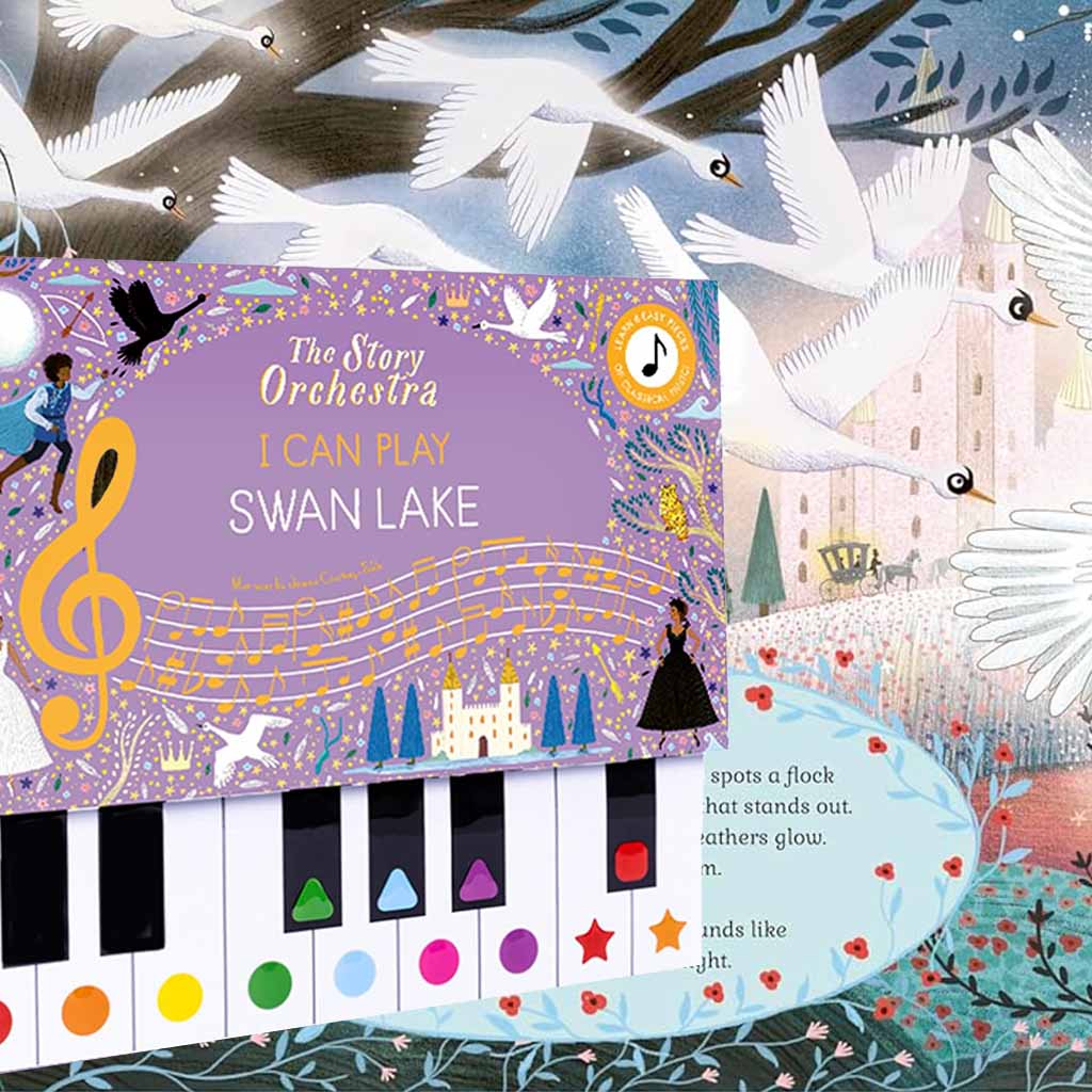 Illustrated book cover of 'The Story Orchestra I Can Play Swan Lake' with musical elements and swans.