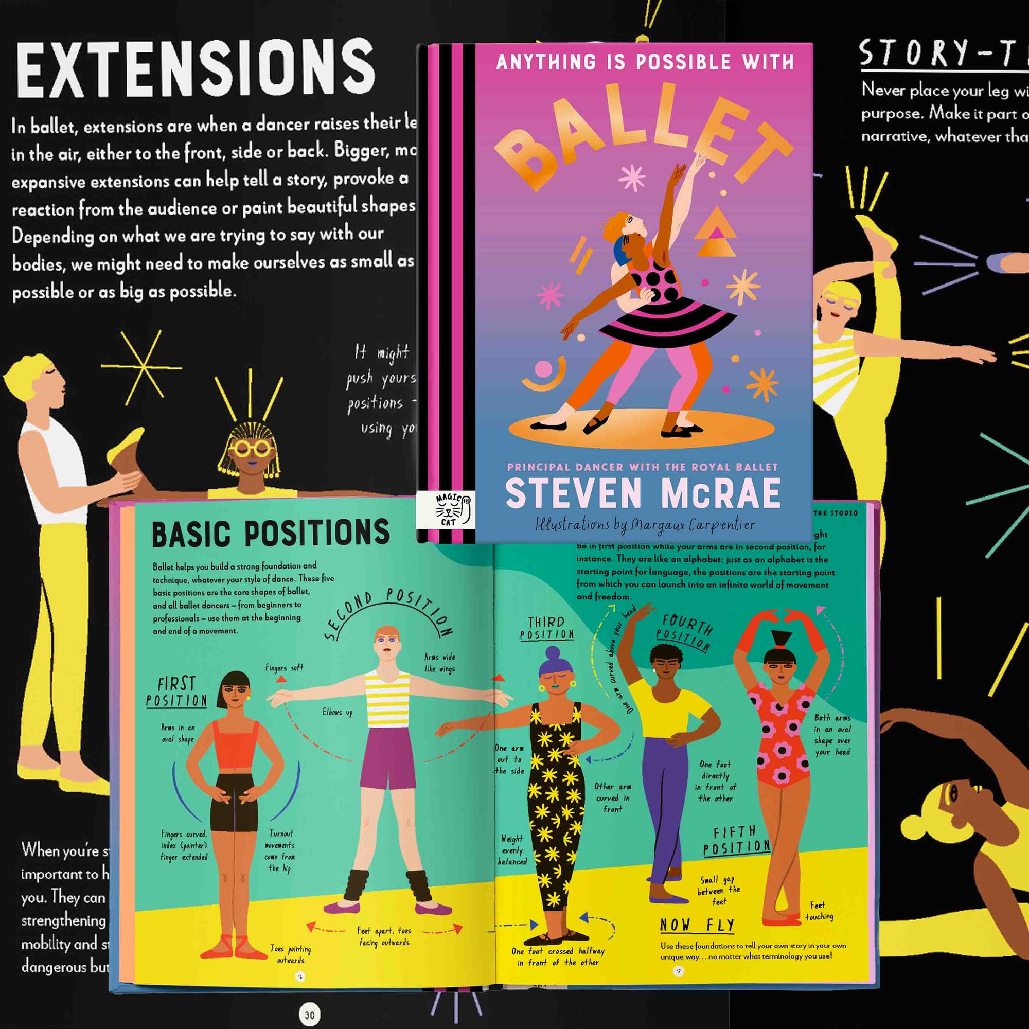 Illustrated book cover of 'Anything is Possible with Ballet' by Steven McRae, featuring ballet positions and extensions.