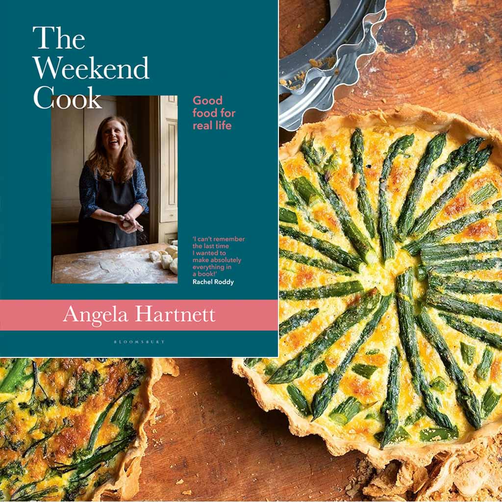 Book cover of 'The Weekend Cook' by Angela Hartnett with a aspargus tart background and the chef on a teal book cover