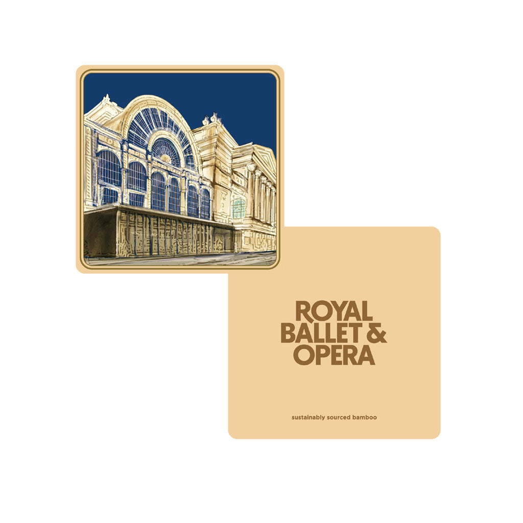 Bamboo coaster with Bow Street view of the RBO and &#39;Royal Ballet &amp; Opera&#39; text on a beige background